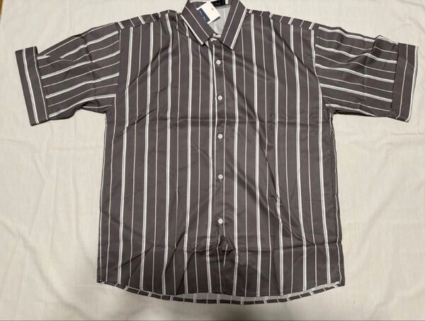 ★人気★ ビッグシルエット ストライプ 半袖 シャツ 韓国 メンズ オーバーサイズ ゆったり トップス 夏服 XXLサイズ グレー