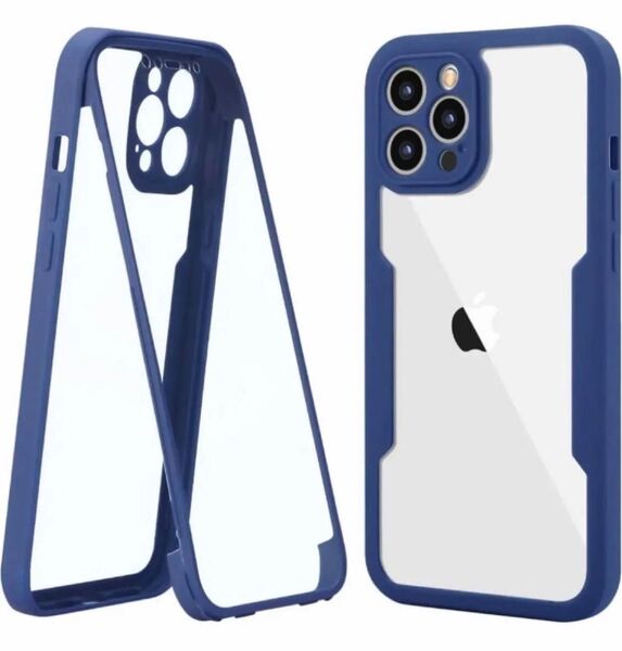 360度保護 iPhone 14 Pro ケース カメラ レンズ保護 前後カバー 差し込み式 両面カバー ブルー