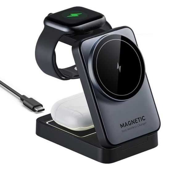 Magsafe対応 15W急速 折り畳み式 マグネット 3in1 ワイヤレス充電器 マグネット式 3-in-1