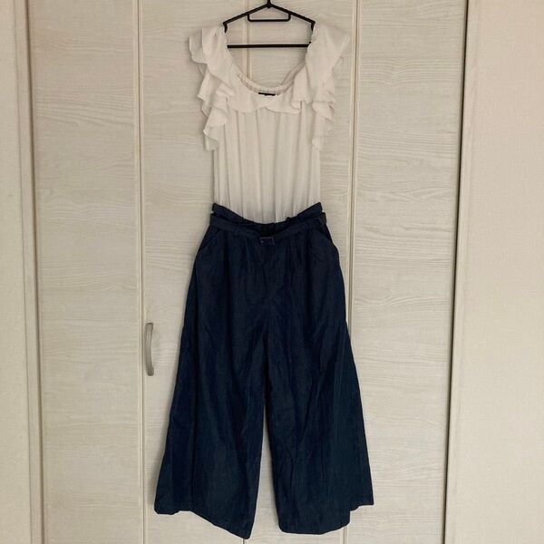 Heatherシフォン×デニムベルト付きオールインワン