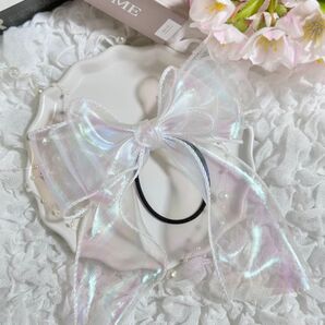 オーロラリボン ヘアゴム ホワイト ハンドメイド プリンセス
