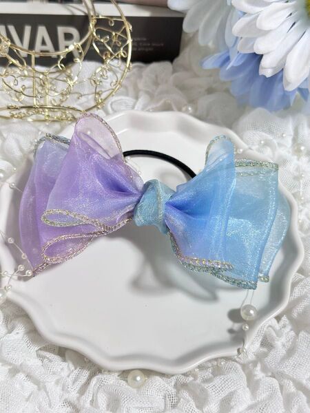 ハンドメイド グラデーションカラーリボン ヘアゴム パープル ブルー ラメ入り アリエル風