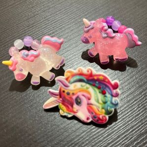 ユニコーン ビーズリング 指輪 ピンバッジ ピンク パープル 3点セット キッズ アクセサリー