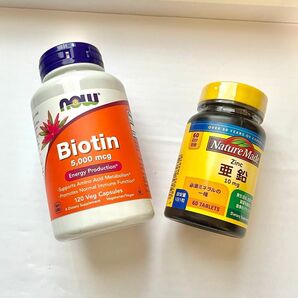 NOW FOODS ビオチン 5000mcg 120粒 ネイチャーメイド 亜鉛 10mg 60粒 2本セット