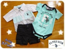 海外直輸入　Ｕ.ＳＰＯＬＯ　ベビー　3点セット　半袖　ロンパス　3/6mos　男の子　ＢＡＢＹ　出産祝い　ポロ　夏物　ユーエスポロ_画像1