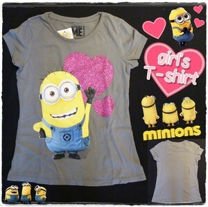 ミニオンズ　子供用　半袖　Tシャツ　アメリカ　輸入子供服　キッズ　ミニオン　minions　ハート　USJ　ユニバ　女の子　グレー　M　140cm