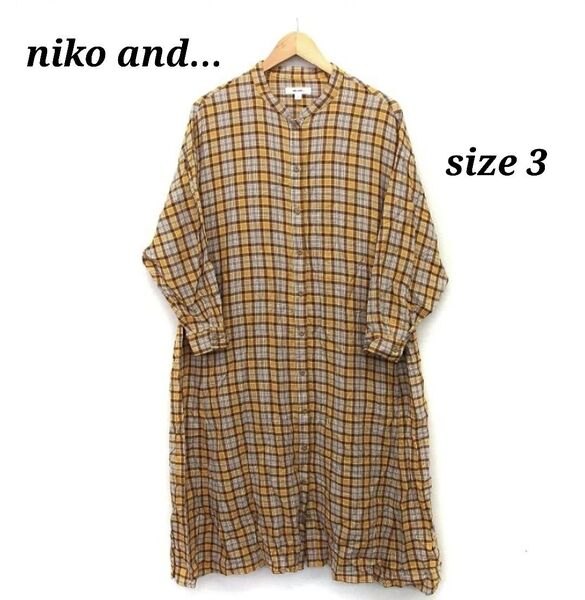 niko and… ニコアンド チェック柄ロングシャツワンピース長袖 ノーカラー イエロー オーバーサイズ L コットン