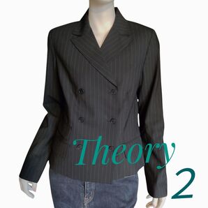 新品 Theory セオリー ピンストライプ ダブル ジャケット サイズ2 春秋 合物 黒/グレー 税抜価格39000円 日本製