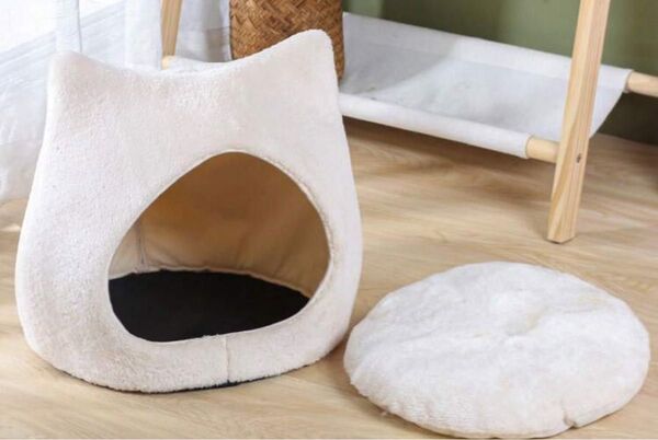 ペットベッド 猫耳 猫ベッド 猫つぐら クッション付き ペットハウス 折りたたみ式 アイボリー