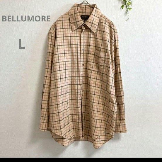 2213 BELLUMORE ボタンシャツ チェック柄 ベージュ ピンク L 長袖 メンズ 長袖シャツ 古着 チェック