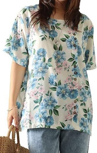 レディース トップス 春 夏 半袖 カットソー Tシャツ L おしゃれ 花柄 半袖 総柄 シャツ 半袖カットソー 半袖シャツ 白