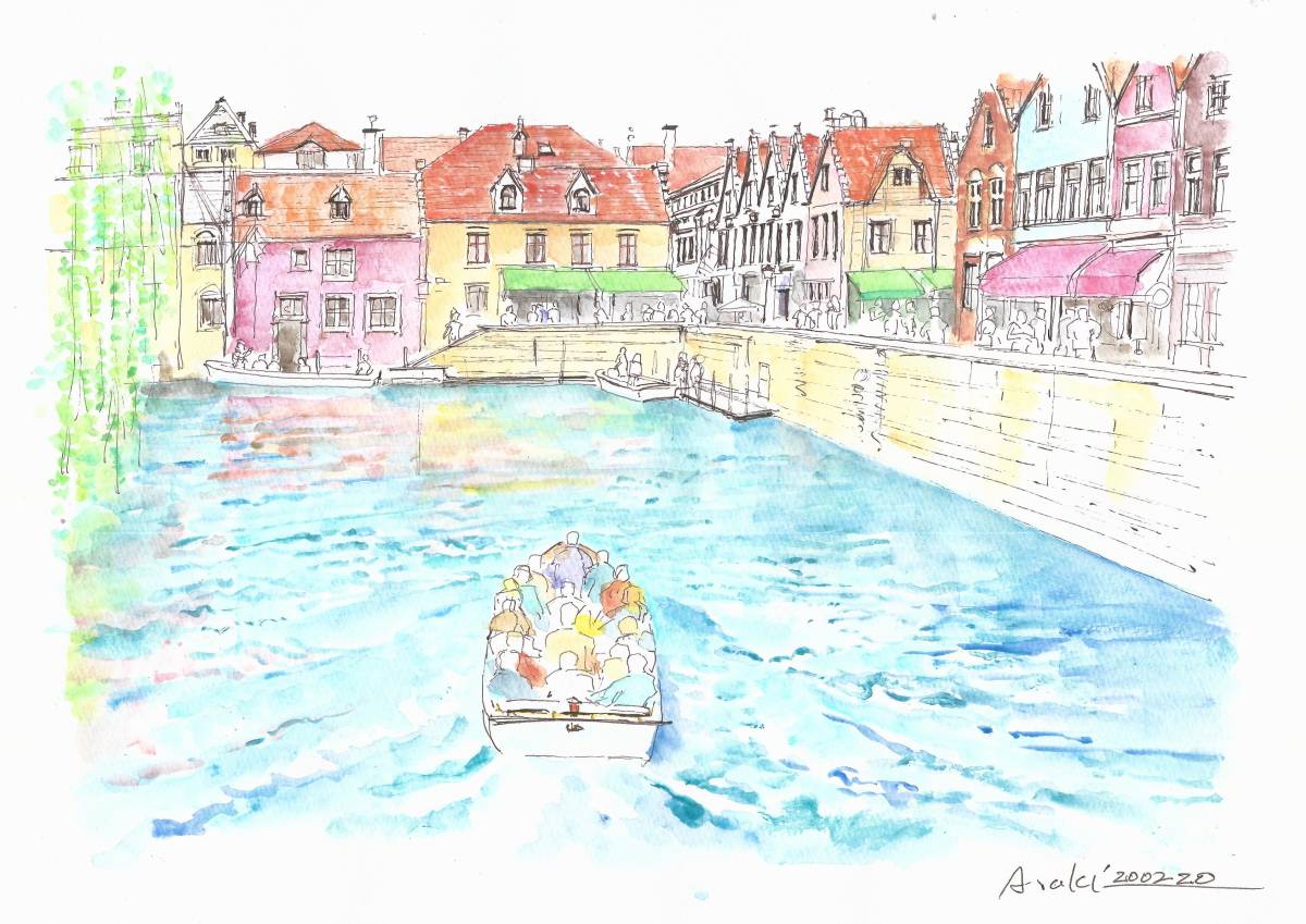 World Heritage Cityscape/Canal Tour in Bruges, Belgium/2, painting, watercolor, Nature, Landscape painting