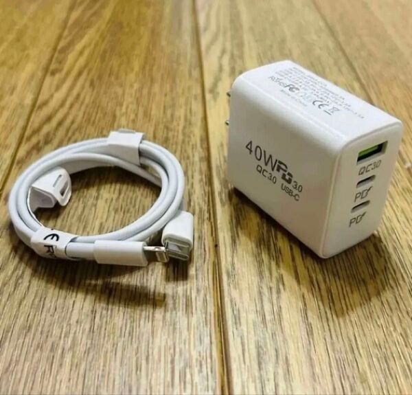 新品 ACアダプター 40W USB type-A + type-C x 2 USB type-C ライトニング 充電ケーブル1m