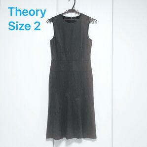【美品】Theory セオリー ノースリーブ ワンピース 2 M ウール98% 日本製 グレー 膝下丈 フレアースカート