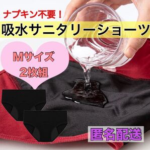 吸水サニタリーショーツ ナプキン不要 ズレない 漏れ防止 生理パンツ 生理用品 下着 防災グッズ ブラック Mサイズ 2枚組