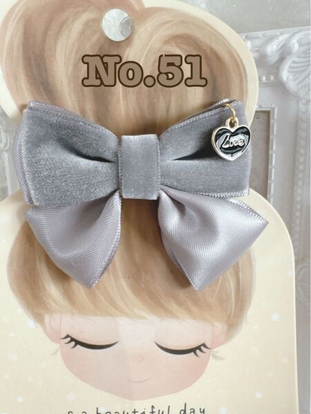 No.51リボンヘアゴム☆ベルベット☆グレー