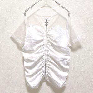 ヴィオレッタ チュールギャザーTシャツ ホワイト 半袖 透け感 トップス