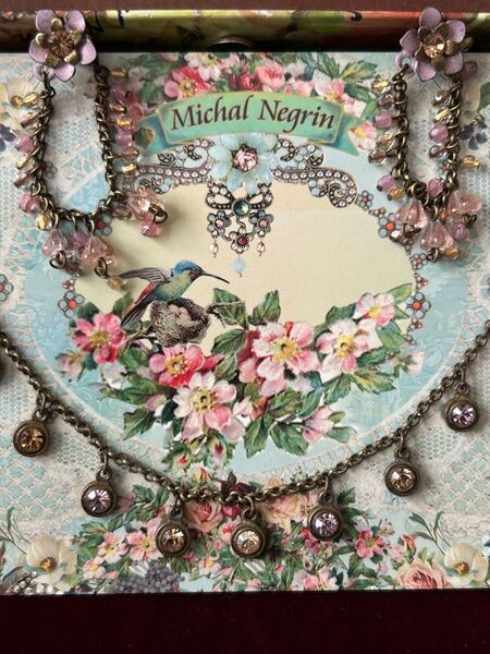 クーポンW割◎ミハエルネグリンMichal Negrinアンティーク調加工フリンジSPピアス&ネックレス/ピーチGOLDライトアメ