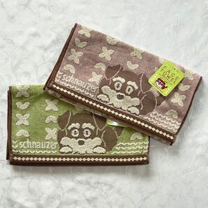 未使用タグ付き 綿100% シュナウザー柄フェイスタオル グリーン ブラウン