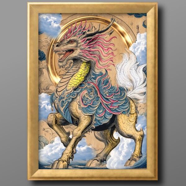幸福と成功の麒麟 開運と希望の額縁付き 風水 絵画のヒーリングアート