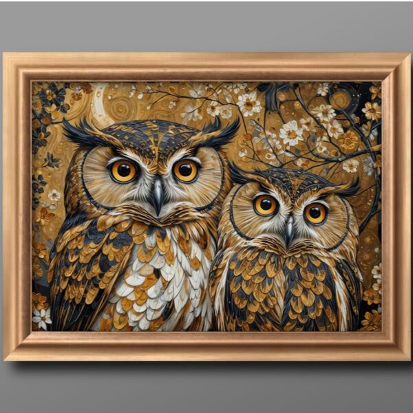 幸福のふくろう夫婦 額縁付き 開運風水ヒーリング 開運絵画グラフィックアート