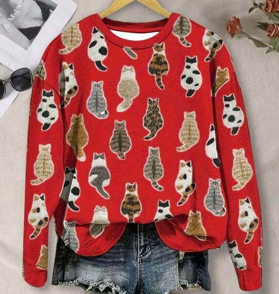 バックショット猫ちゃん♪ 猫柄 長袖 プルオーバー Tシャツ ロンT Sサイズ