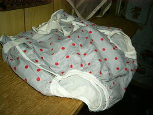 . old . adult diaper cover NATSUKI M size grey . red. polka dot white small of the back cord attaching white small metal hook length 1 row &. is width 3 piece reverse side baby vinyl unused 