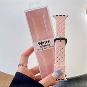 Apple watch バンド アップルウォッチ ベルト シリコン 編み込み 42mm 44mm 45mm ピンク