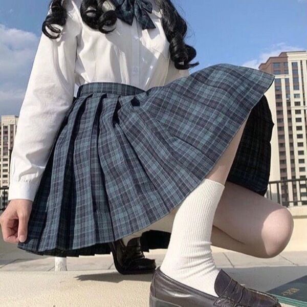 スクールスカート 高校 中学 制服 チェック 学生服 プリーツスカート JK制服 3点セット S 濃めグリーン系