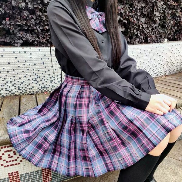 スクールスカート チェック 制服 プリーツスカート 高校 学生服 女子 S 2点セット 紫