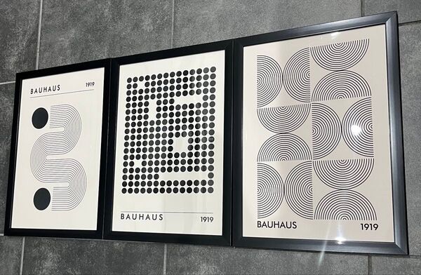 【3枚セット】Bauhaus波&点&半渦モダンアートポスター(A4フレーム付き)
