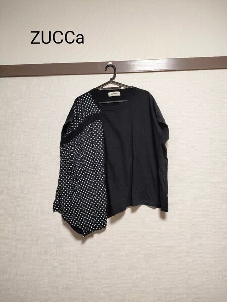 ZUCCaズッカ アシメトリーカットソー Tシャツ 黒ブラック 水玉 大きめトップス