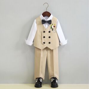 ☆130 カーキ色キッズ フォーマル 5点セット スーツ 男の子 クーポン対応可能