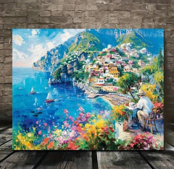 アルマフィ海岸 風景画 抽象画キャンバスアート フレーム付き