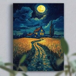 ゴッホ 田舎夜景油彩画 風景画 抽象画アートキャンバス30x40cmフレーム付き