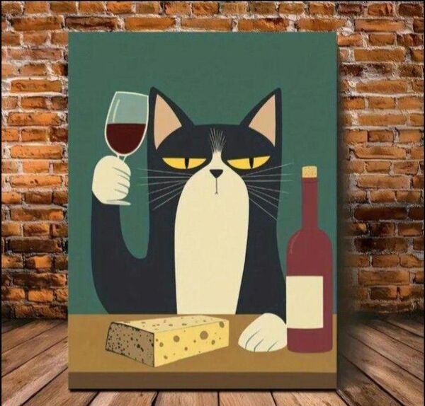 かわいい猫ワイン絵画アートフレーム付き (30cm x 40cm)