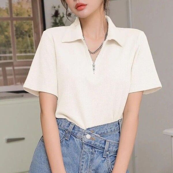 SHEIN シーイン DAZY 半袖トップス ワッフルニットトップス ハーフジップ 白 ホワイト 襟付き S