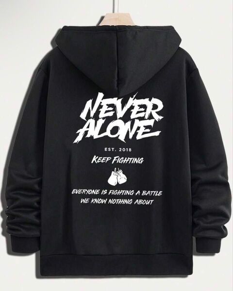 新品 L メンズ パーカー シンプル 黒 NEVER ALONE ブラック