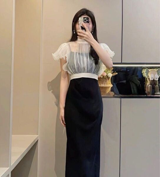 ワンピース M ボレロ レイヤード モノトーン ブラック オケージョン ロング