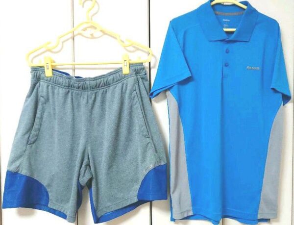 Reebok ポロシャツ L パンツXL 青上下 セット トレーニングウエア 超美品