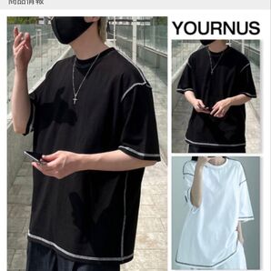 YOURNUS ユアノス 半袖Tシャツ ブラック黒 フリーサイズ ステッチ ゆったり トップス韓国