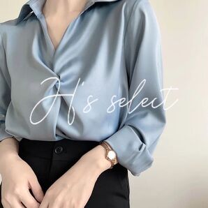【新品】ライトブルー ドレープ シャツ ブラウス オフィス◇ドレープブラウス