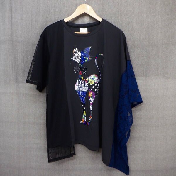 スカラー 142646 レース×POPネコ柄×メッシュ切替チュニック