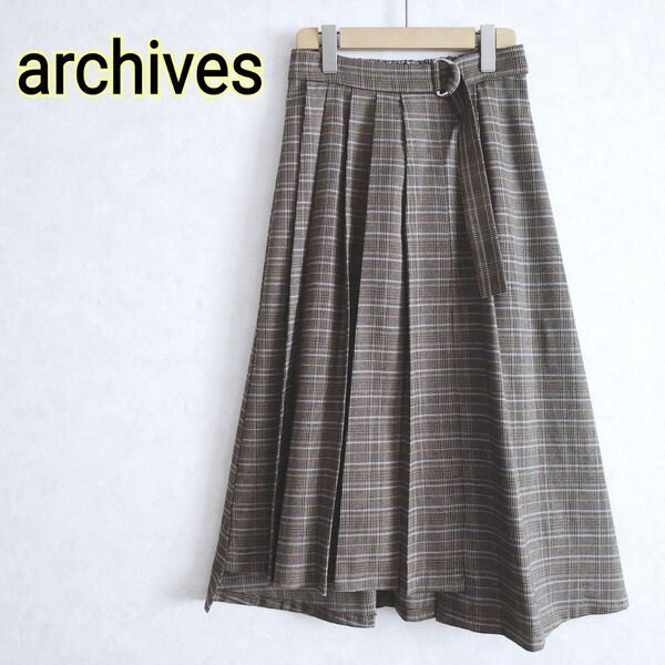 アルシーヴ archives★茶系チェック柄 ミモレ丈〜マキシ丈ロング アシンメトリー フレア 制服風プリーツスカート ブラウン系