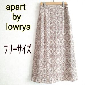 apart by lowrysアパートバイローリーズ★今季流行ブラウン系ダマスク柄 総柄マキシ丈ロングフレアスカートFウエストゴム