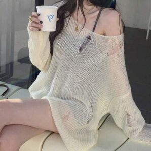 長袖 トップス ダメージトップス SHEIN 女性のホロウアウト ドロップショルダーバットウィングロングスリーブ