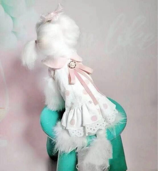 【新品】ペット服 可愛いフリルのワンピース 水玉 ホワイト×ピンク