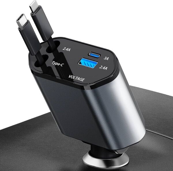 シガーソケット USB-C/USB 車載充電器 USB充電器 4in1充電器 巻き取り式充電ケーブル2本 電圧計を搭載 急速充電