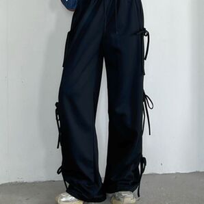 ブラック ロングパンツ サイドリボンスウェットズボン