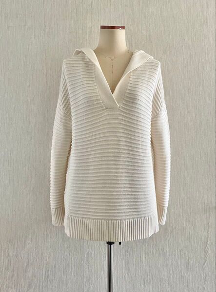 Gap ギャップ コットン ニット パーカー フーディ チュニック ボーダー オフホワイト アイボリー XS (S/M相当)